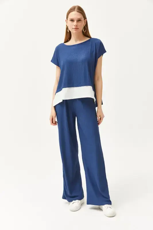 Women's Indigo Top Blouse Bottom Pants Suit TKM-19000 - 2