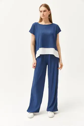 Women's Indigo Top Blouse Bottom Pants Suit TKM-19000 - 3