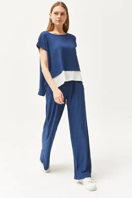 Women's Indigo Top Blouse Bottom Pants Suit TKM-19000 - 4