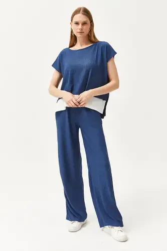 Women's Indigo Top Blouse Bottom Pants Suit TKM-19000 - 5