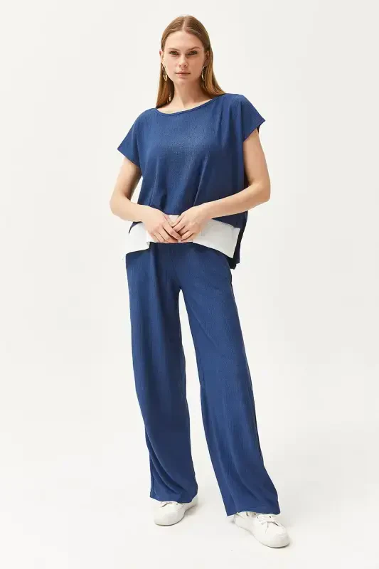 Women's Indigo Top Blouse Bottom Pants Suit TKM-19000 - 5
