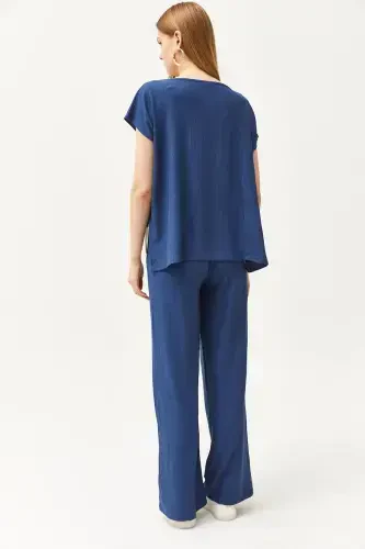 Women's Indigo Top Blouse Bottom Pants Suit TKM-19000 - 6