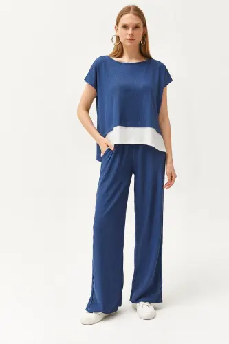 Women's Indigo Top Blouse Bottom Pants Suit TKM-19000 