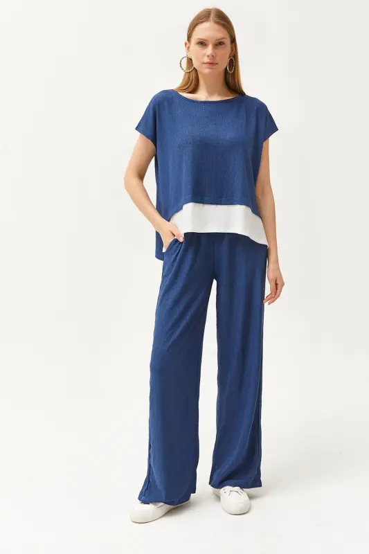 Women's Indigo Top Blouse Bottom Pants Suit TKM-19000 - 1