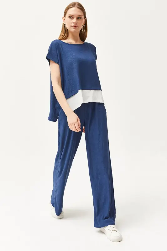 Women's Indigo Top Blouse Bottom Pants Suit TKM-19000 - 4