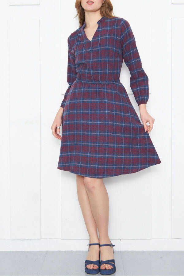 Women's Indigo V-Neck Elastic Waist Plaid A-Line Dress ARM-24K001041 - 1