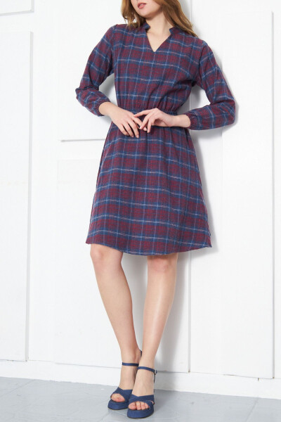 Women's Indigo V-Neck Elastic Waist Plaid A-Line Dress ARM-24K001041 - 2