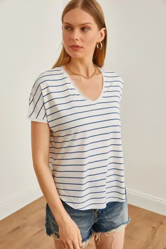 Women's Indigo V Neck Striped Raw Edge Slouchy T-Shirt - 1