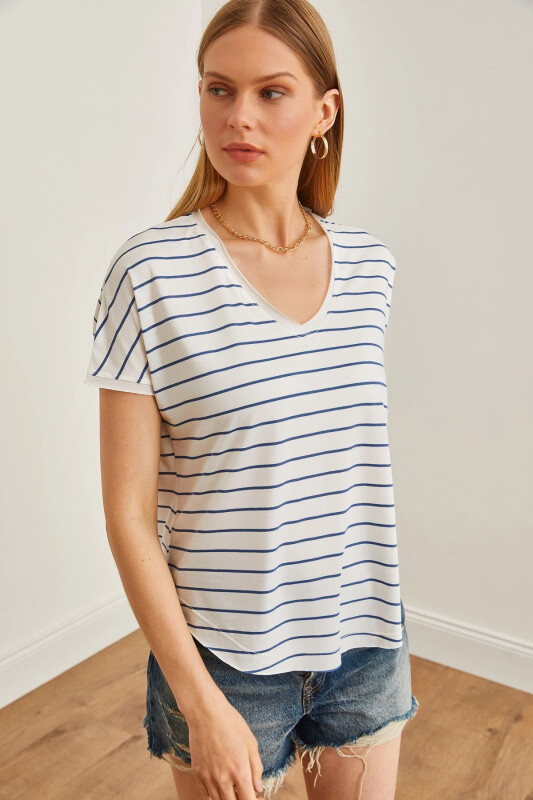 Women's Indigo V Neck Striped Raw Edge Slouchy T-Shirt - OLALOOK