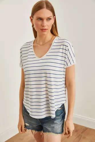 Women's Indigo V Neck Striped Raw Edge Slouchy T-Shirt - OLALOOK (1)
