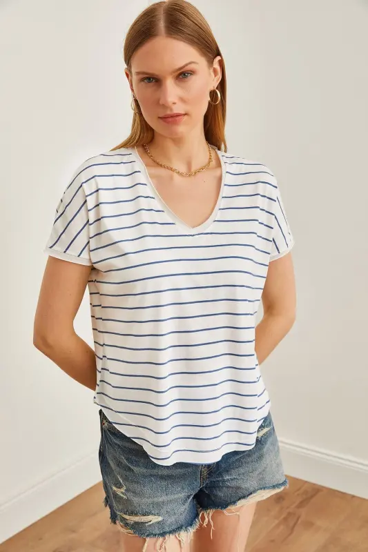 Women's Indigo V Neck Striped Raw Edge Slouchy T-Shirt - 3