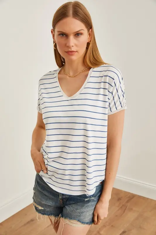 Women's Indigo V Neck Striped Raw Edge Slouchy T-Shirt - 4
