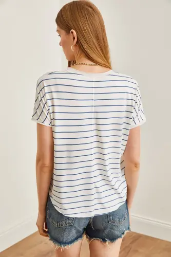 Women's Indigo V Neck Striped Raw Edge Slouchy T-Shirt - 5