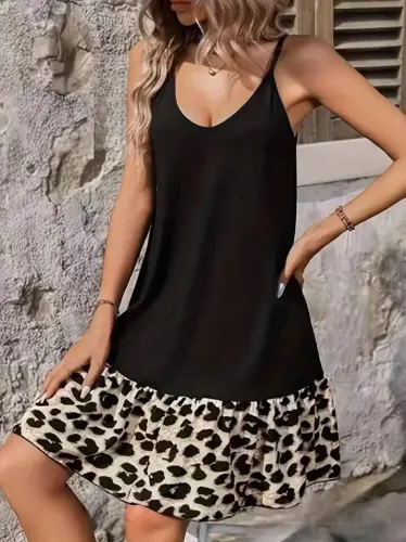 Women's Ip Detailed Short Dress Spaghetti Strap Round Neck Viscose Skirt Supima Dress - 1