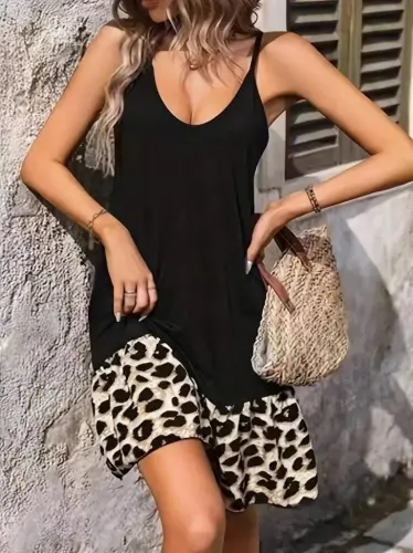 Women's Ip Detailed Short Dress Spaghetti Strap Round Neck Viscose Skirt Supima Dress - 4