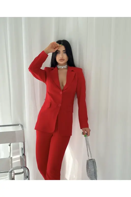Women's Jacket Pant Suit Red-Red - 2