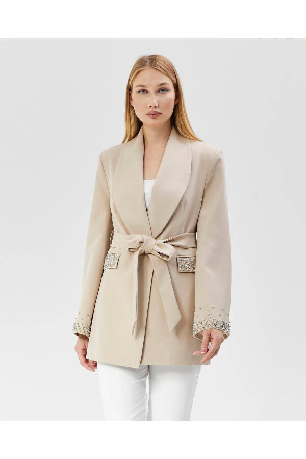 Women's Jacket with Stone Belt, Sleeves and Pockets VIZON - 9