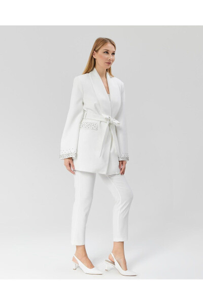 Women's Jacket with Stone Belt, Sleeves and Pockets WHITE - 8