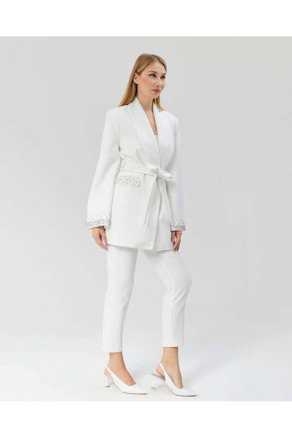 Women's Jacket with Stone Belt, Sleeves and Pockets WHITE - 8