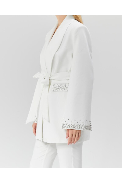 Women's Jacket with Stone Belt, Sleeves and Pockets WHITE - 9