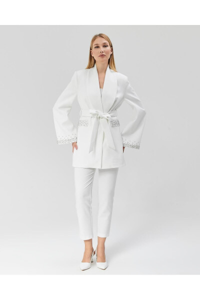 Women's Jacket with Stone Belt, Sleeves and Pockets WHITE - 10