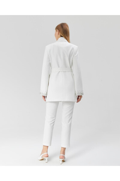 Women's Jacket with Stone Belt, Sleeves and Pockets WHITE - 11