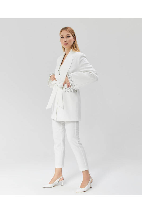 Women's Jacket with Stone Belt, Sleeves and Pockets WHITE - 12