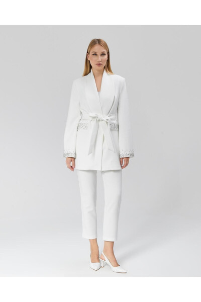 Women's Jacket with Stone Belt, Sleeves and Pockets WHITE - 13