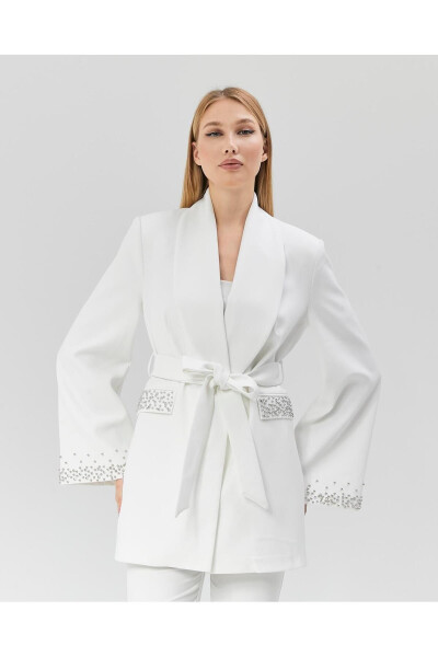 Women's Jacket with Stone Belt, Sleeves and Pockets WHITE - 14