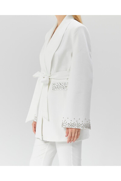 Women's Jacket with Stone Belt, Sleeves and Pockets WHITE - 2