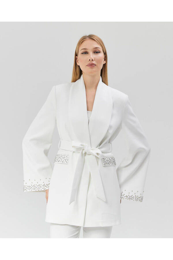 Women's Jacket with Stone Belt, Sleeves and Pockets WHITE - 7