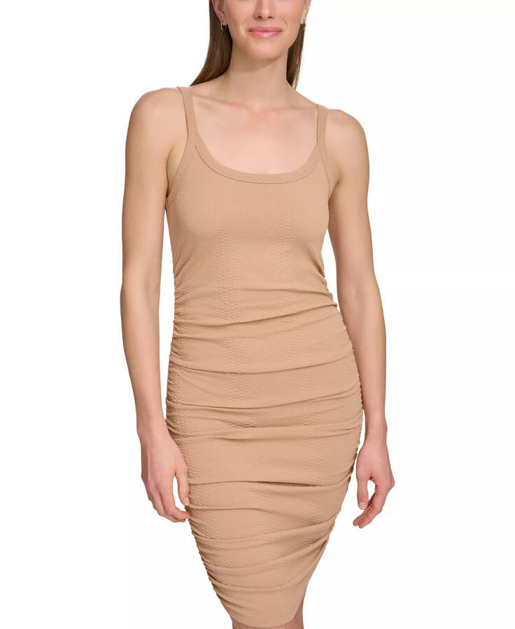 Women's Jacquard Ruched Sleeveless Tank Dress Praline - 1