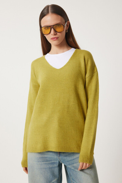 Women's Jade Green V-Neck Knit Sweater ZA00063 - HAPPINESS İSTANBUL (1)