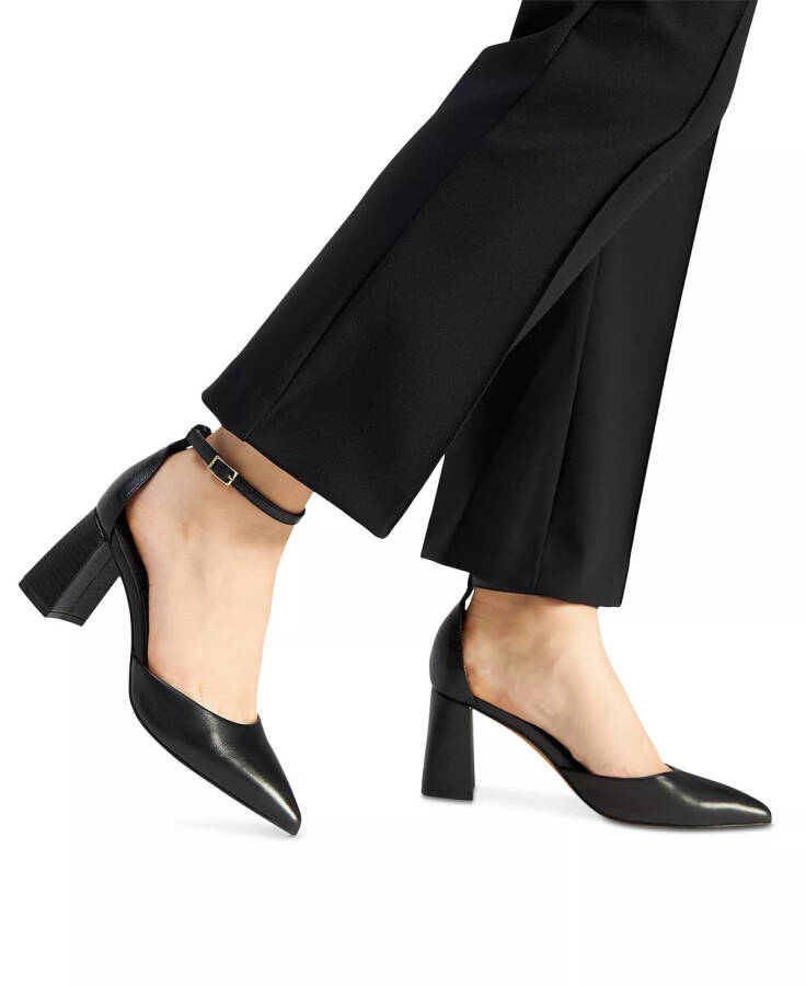 Women's Jan Pointed-Toe Ankle-Strap Block-Heel Pumps Black Leather - 6