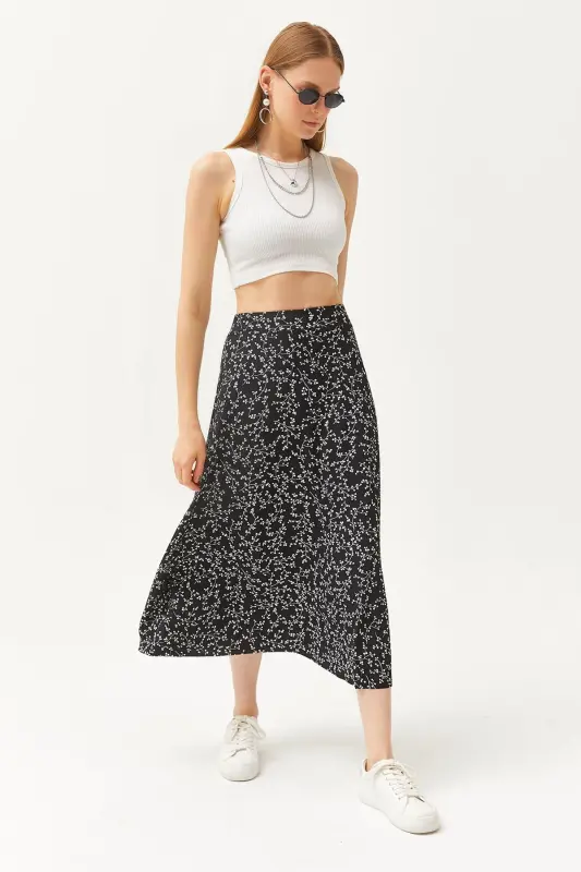 Women's Japanese Black Elastic Waist Patterned Long Skirt - 1