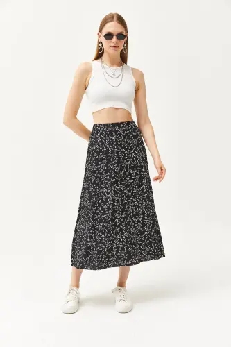 Women's Japanese Black Elastic Waist Patterned Long Skirt - 2