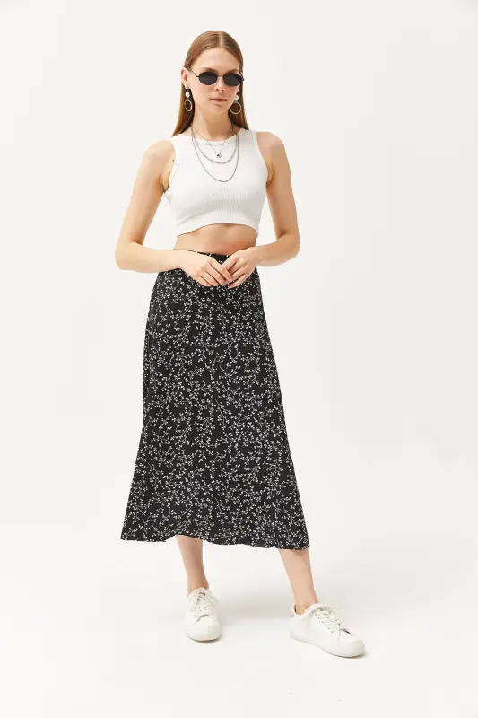 Women's Japanese Black Elastic Waist Patterned Long Skirt - 3