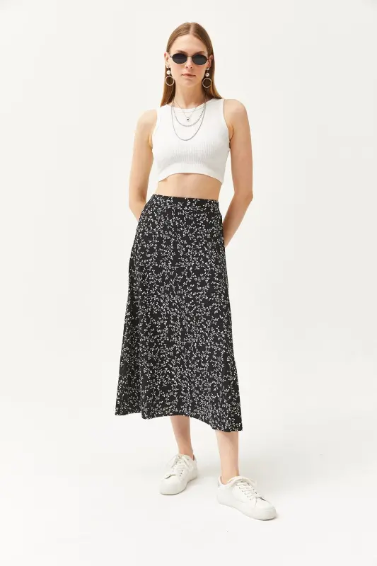 Women's Japanese Black Elastic Waist Patterned Long Skirt - 4