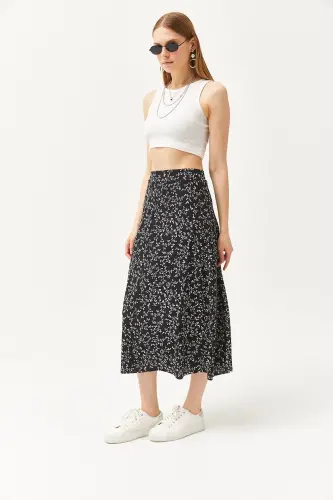 Women's Japanese Black Elastic Waist Patterned Long Skirt - 5