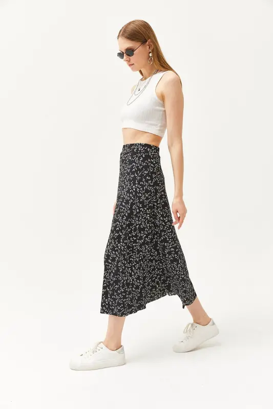 Women's Japanese Black Elastic Waist Patterned Long Skirt - 6