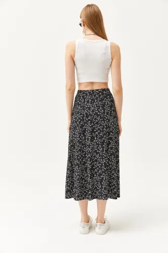 Women's Japanese Black Elastic Waist Patterned Long Skirt - 7