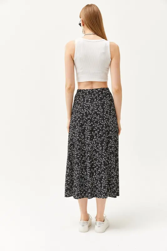 Women's Japanese Black Elastic Waist Patterned Long Skirt - 7