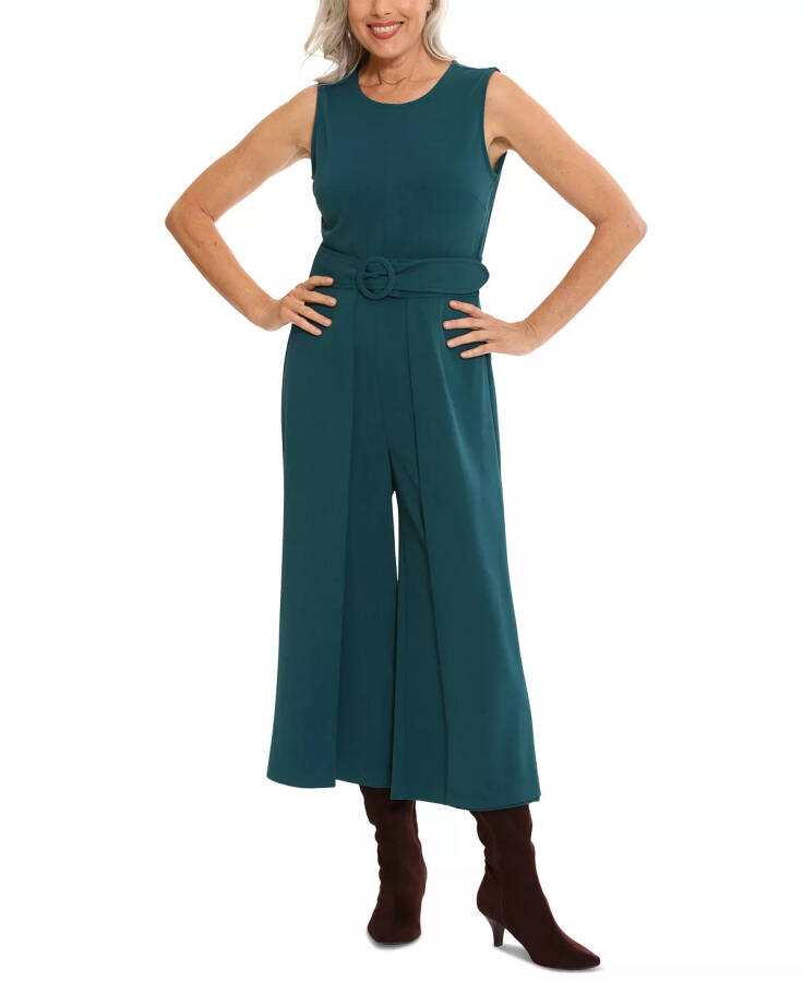 Women's Jewel Neck Belted Cropped Jumpsuit Deep Teal - 1