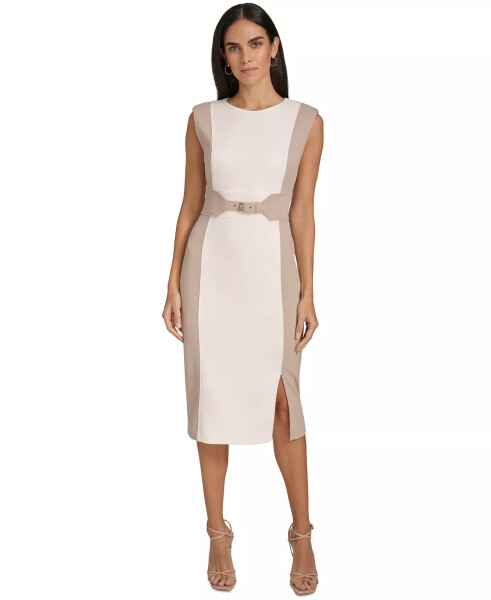 Women's Jewel-Neck Scuba Crepe Sheath Dress Cream Oyster - 3