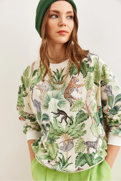 Women's Jungle Ecru Basic Soft Textured Oversized Sweatshirt SWT-19000457 - OLALOOK (1)