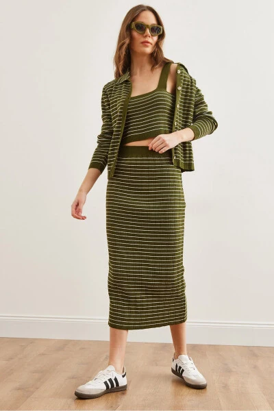 Women's Khaki 3-Piece Striped Knit Set TKM-19000322 - OLALOOK