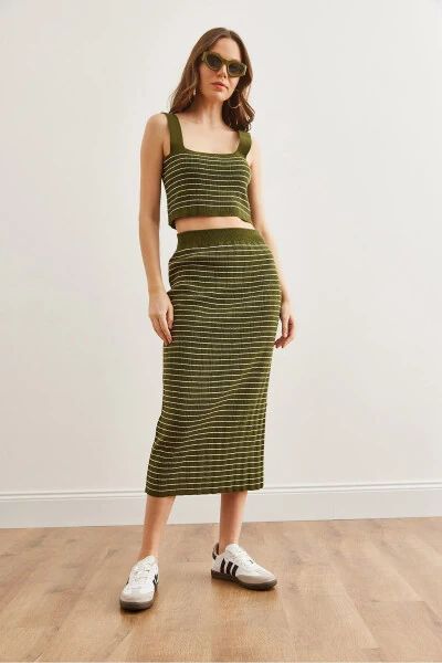 Women's Khaki 3-Piece Striped Knit Set TKM-19000322 - OLALOOK (1)