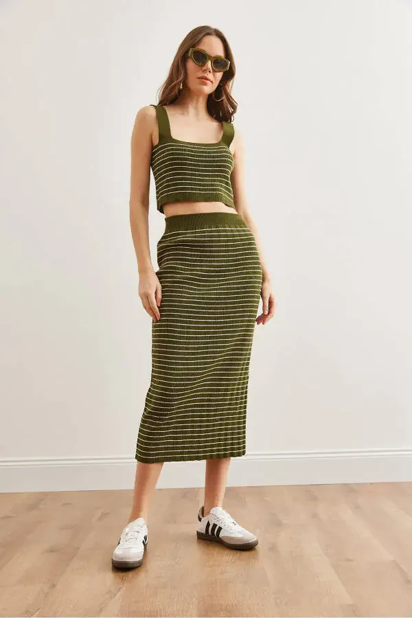 Women's Khaki 3-Piece Striped Knit Set TKM-19000322 - 2