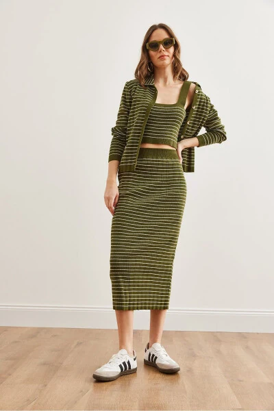 Women's Khaki 3-Piece Striped Knit Set TKM-19000322 - 3