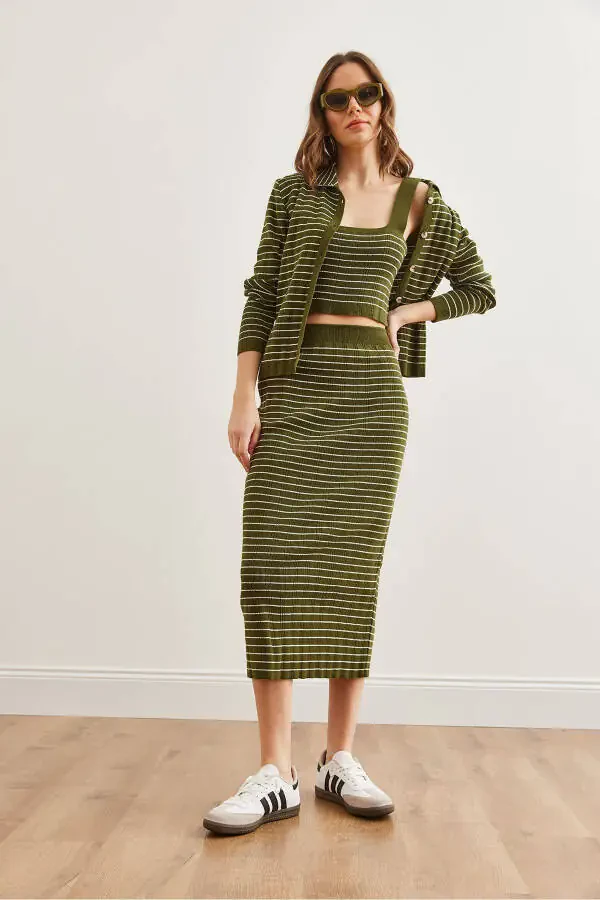 Women's Khaki 3-Piece Striped Knit Set TKM-19000322 - 3